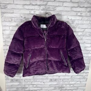 Topman Velvet Plush Puffer Zip Up Jacket in Purple
